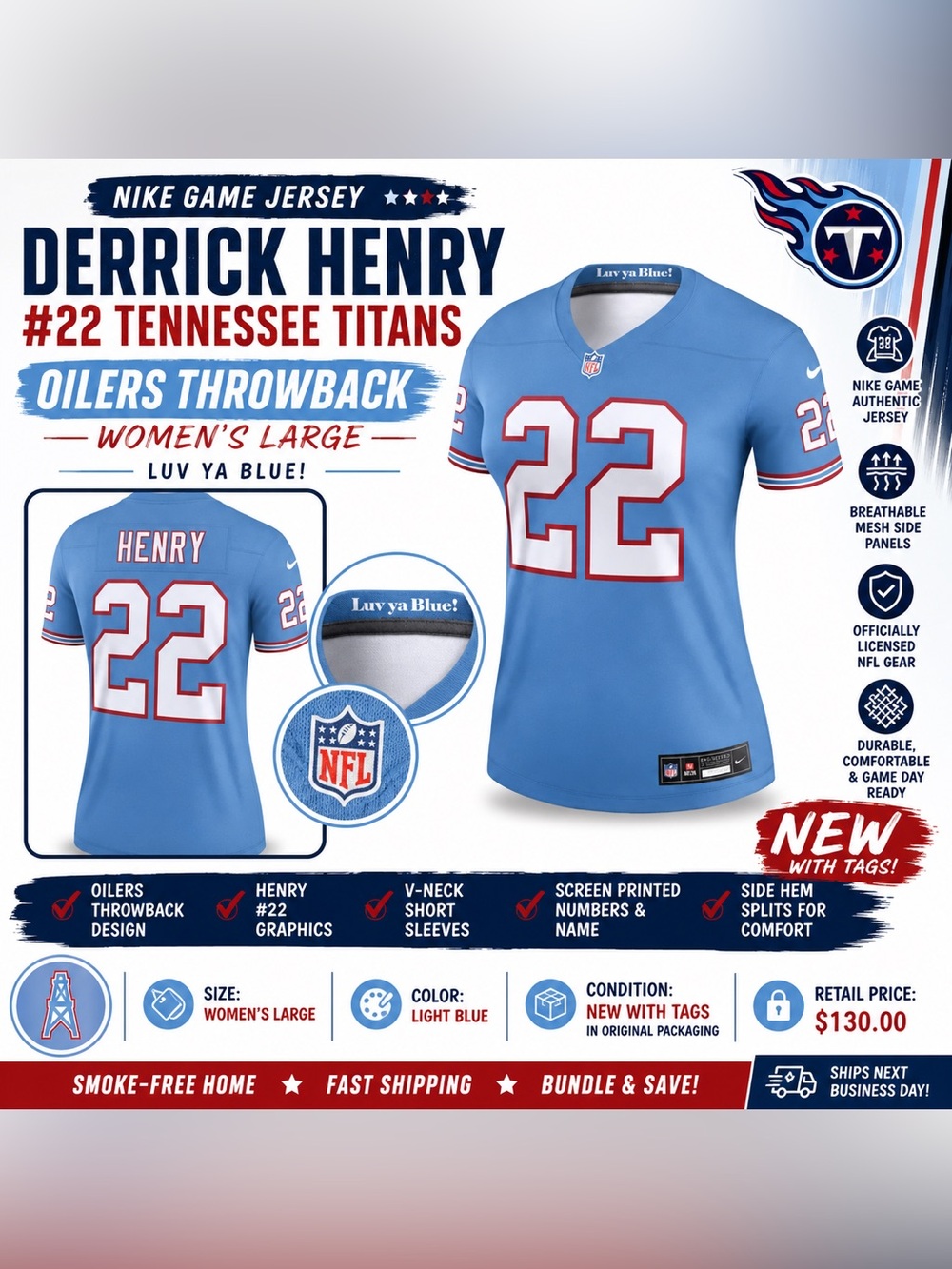 Nike Derrick Henry #22 Titans Oilers Throwback Game Jersey Women's L NWT NFL - Picture 2 of 8